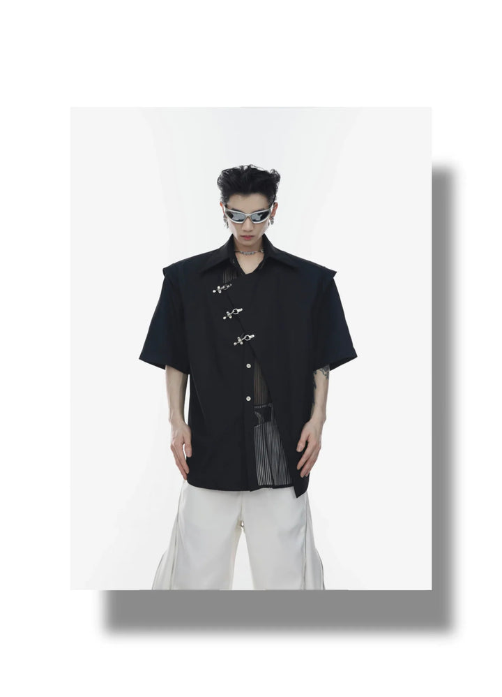 Innovative Asymmetrical Mesh Double - Layer Shirt with Metal Airplane Clasp - ArguE CulturE