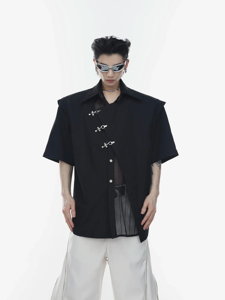 Innovative Asymmetrical Mesh Double - Layer Shirt with Metal Airplane Clasp - ArguE CulturE