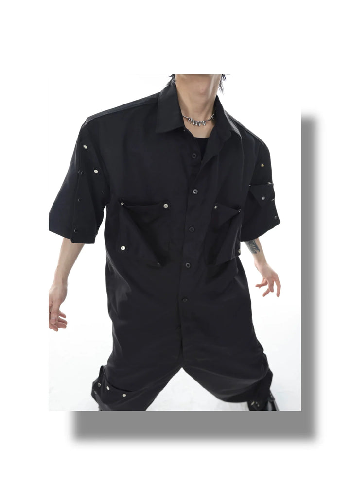 Innovative Padded Shoulder Short - Sleeve Shirt with Metal Buttons & Pocket - ArguE CulturE