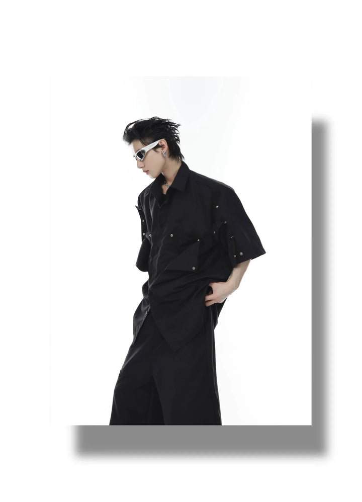 Innovative Padded Shoulder Short - Sleeve Shirt with Metal Buttons & Pocket - ArguE CulturE