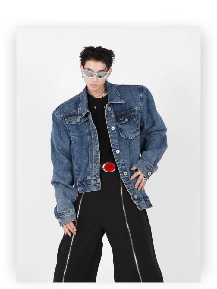 Irregular Design Padded Shoulder Denim Jacket | High - End Punk Style Short Coat - ArguE CulturE