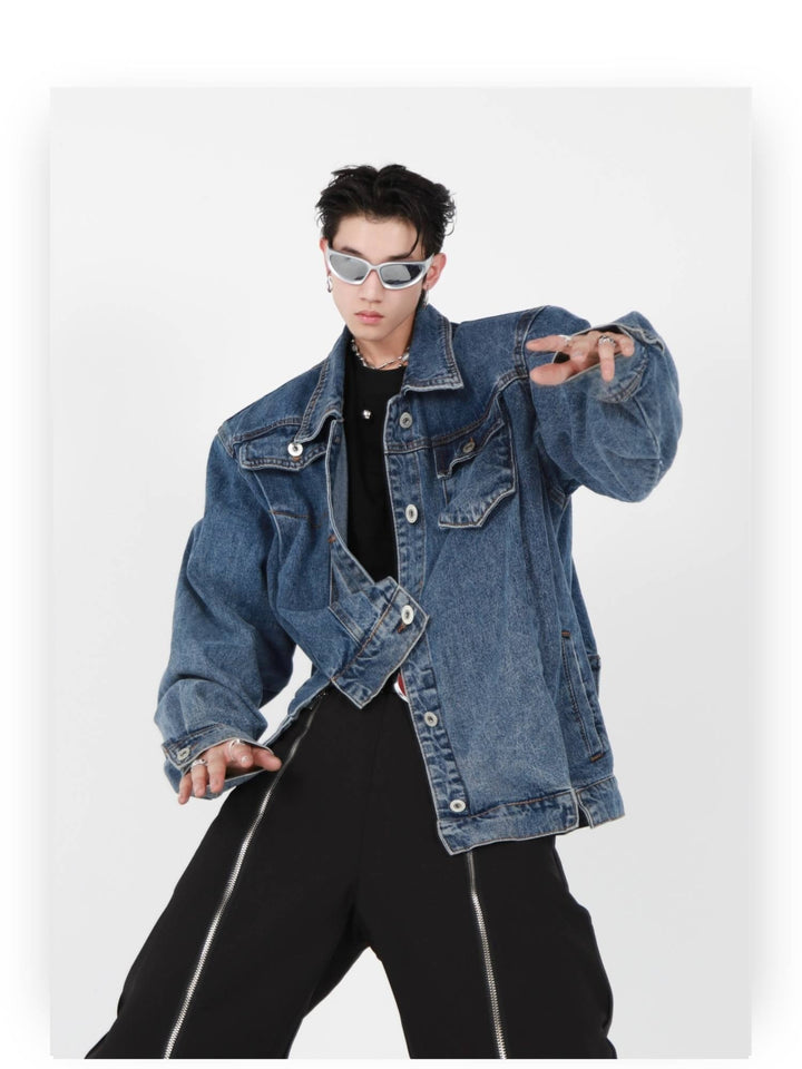 Irregular Design Padded Shoulder Denim Jacket | High - End Punk Style Short Coat - ArguE CulturE