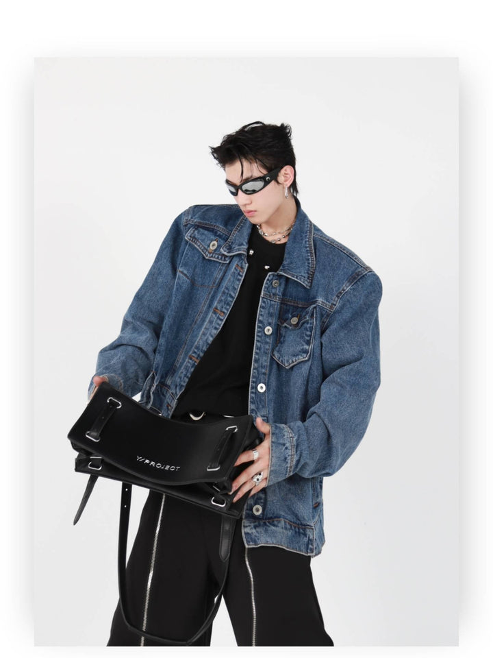 Irregular Design Padded Shoulder Denim Jacket | High - End Punk Style Short Coat - ArguE CulturE