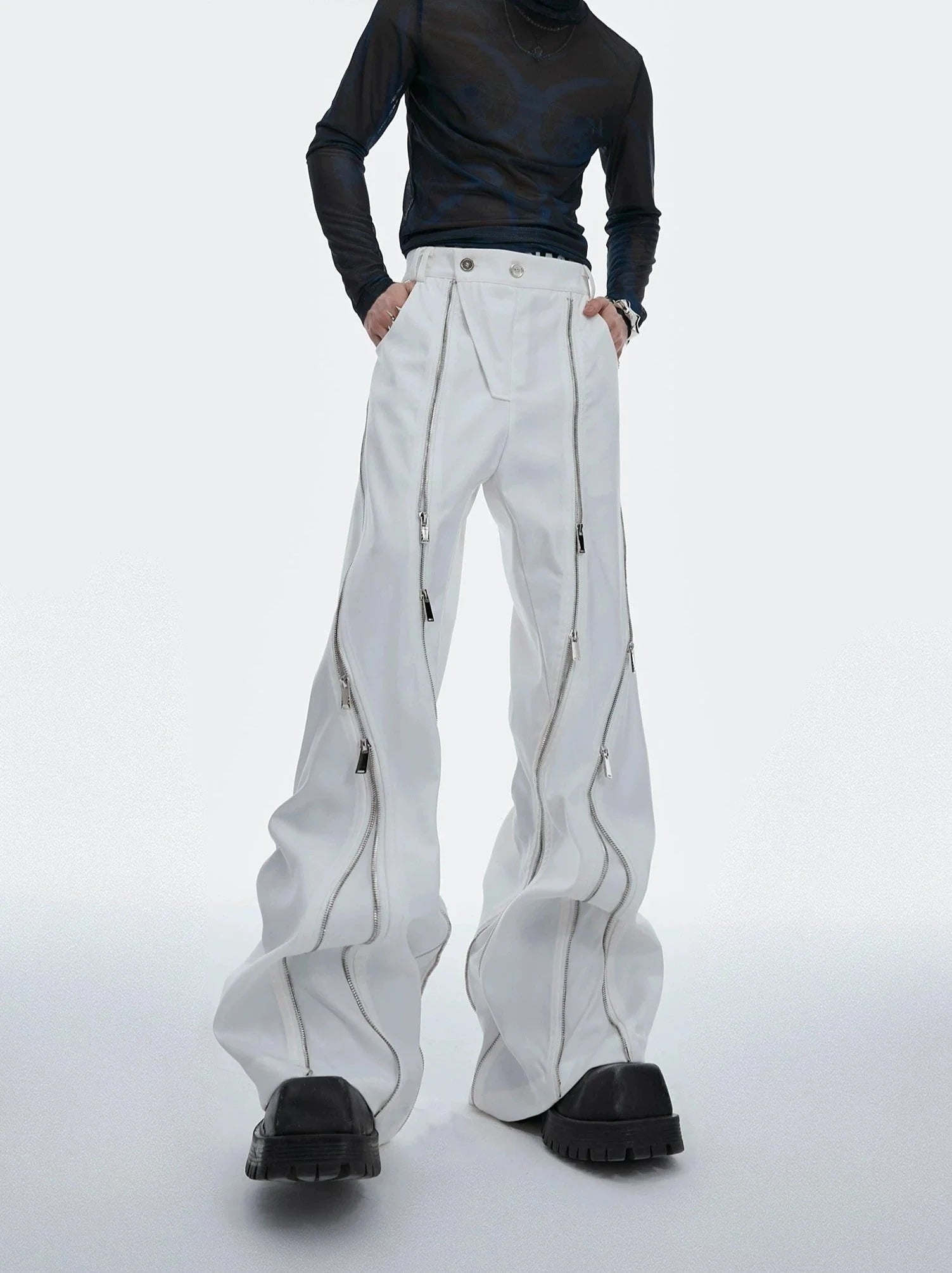 Irregular Metal Zipper Split Flare Leg Casual Pants with Patchwork - ArguE CulturE