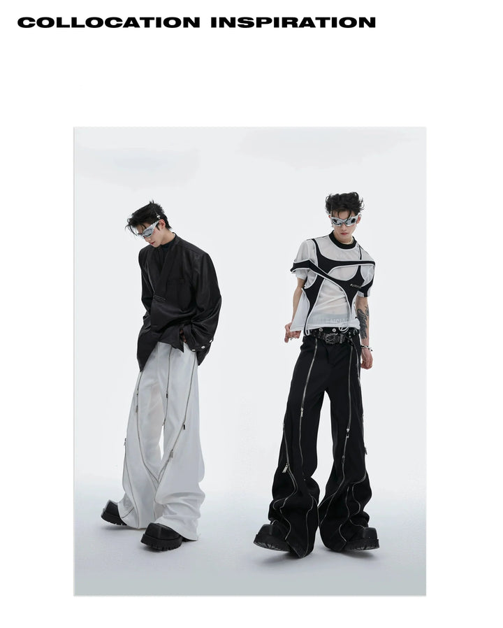 Irregular Metal Zipper Split Flare Leg Casual Pants with Patchwork - ArguE CulturE