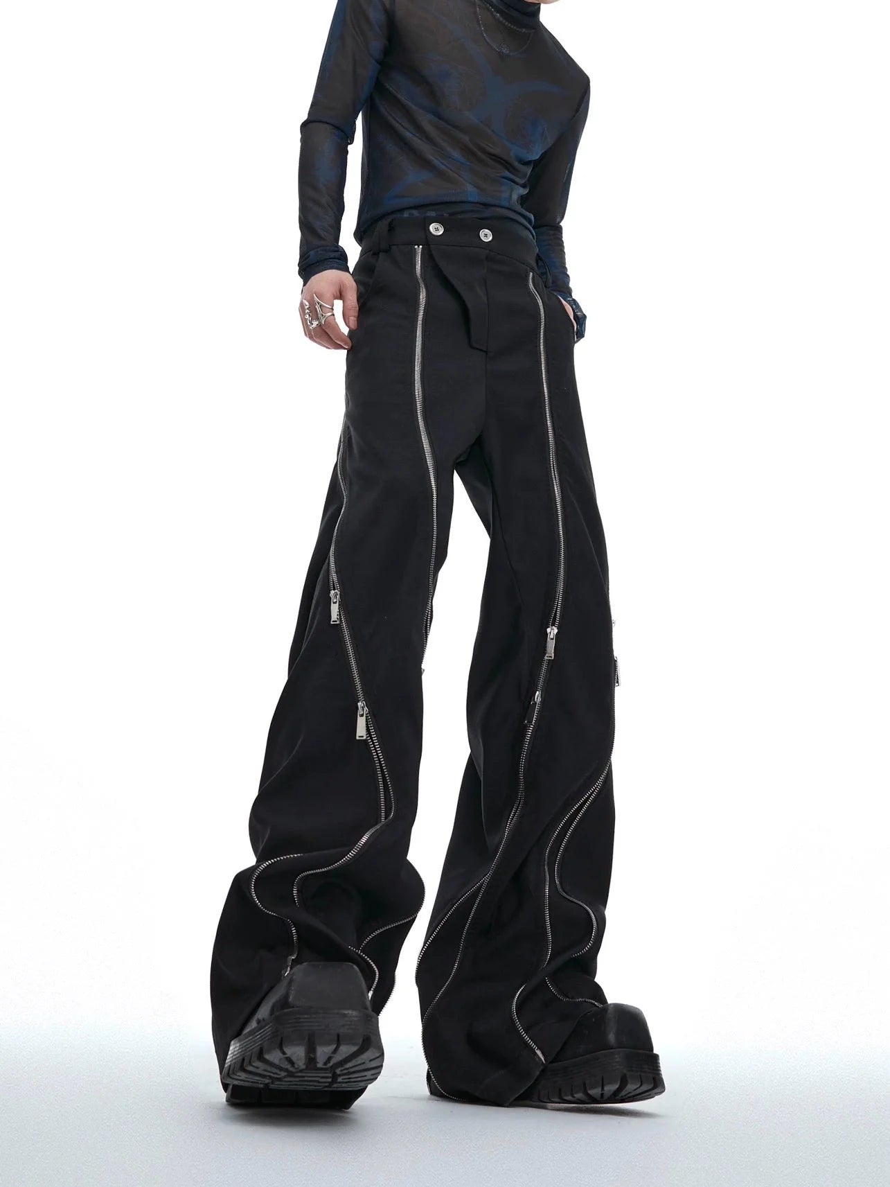 Irregular Metal Zipper Split Flare Leg Casual Pants with Patchwork - ArguE CulturE