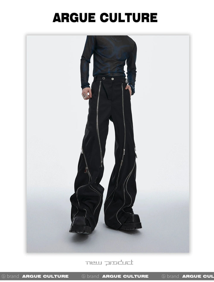 Irregular Metal Zipper Split Flare Leg Casual Pants with Patchwork - ArguE CulturE