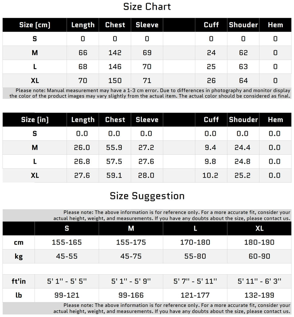 Size Chart for High-Neck Puffer Jacket with Asymmetrical Zipper and Oversized Fit