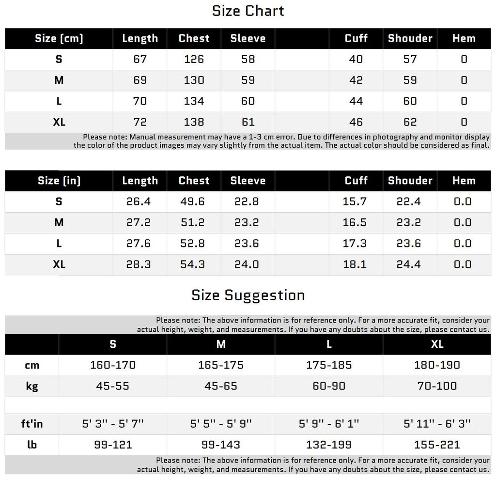 Size Chart for Hooded Black Cardigan with Detachable Shoulder Pads