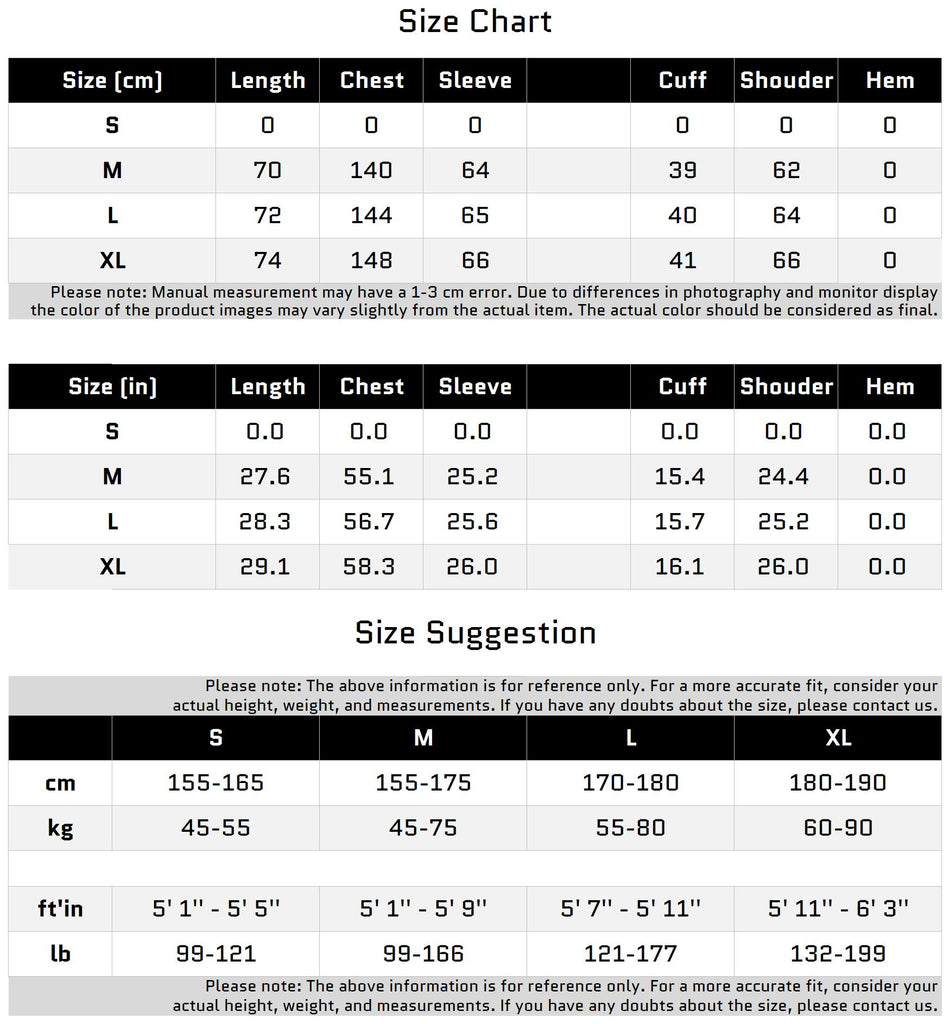 Size Chart for 메탈릭 로고와 바람 저항력이 있는 하이 칼라 푸퍼 재킷