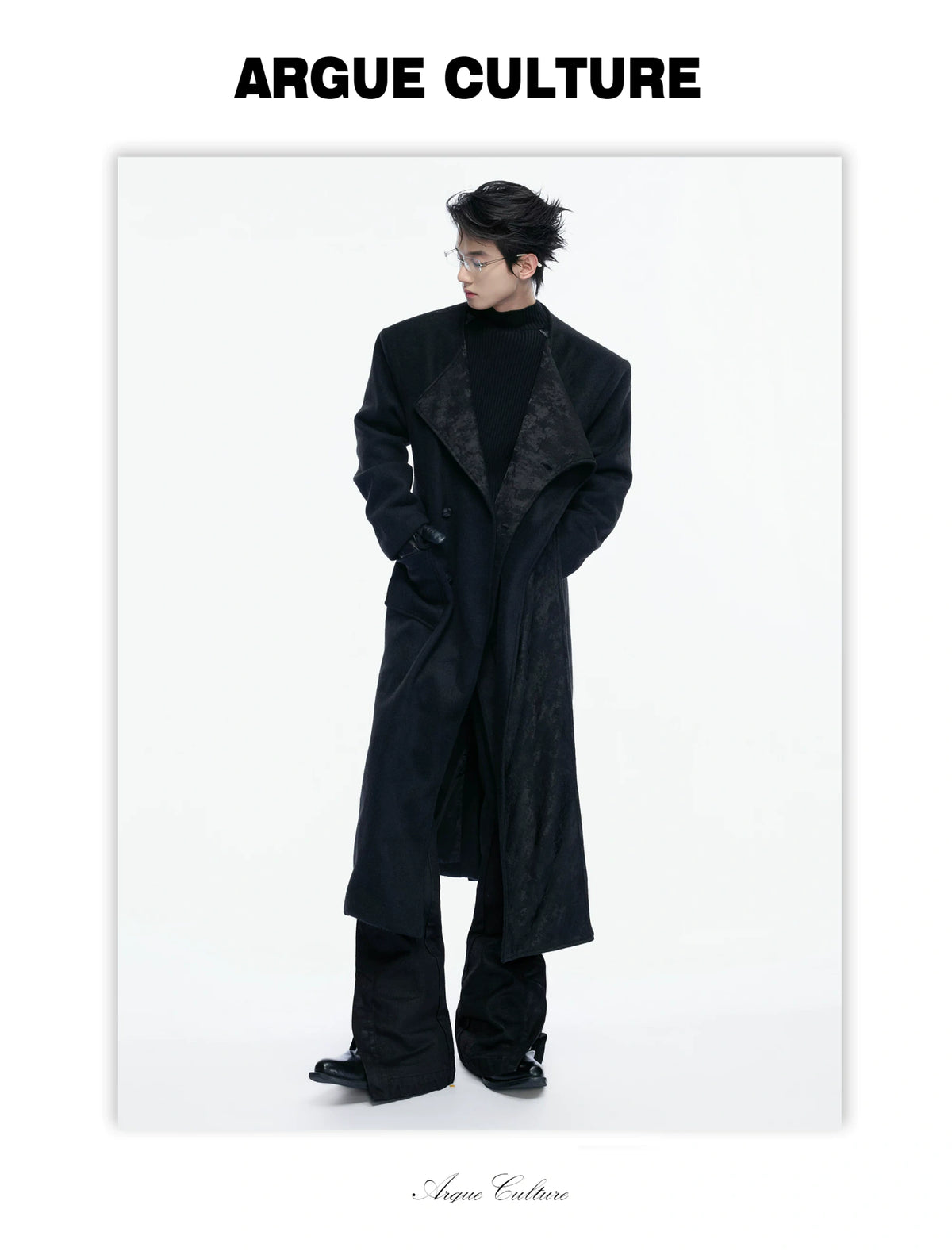 Jacquard Scarf-Collar Long Coat with Belted Waist - detail image 9