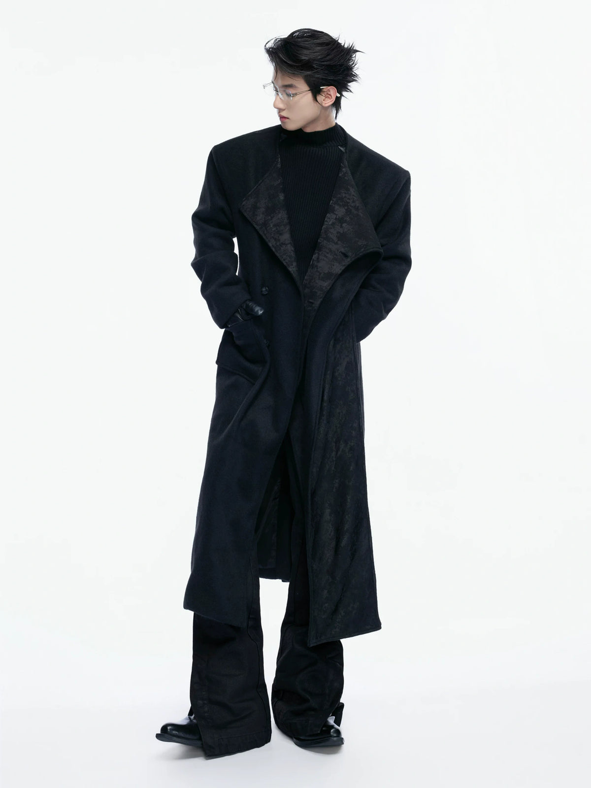 Jacquard Scarf-Collar Long Coat with Belted Waist - main image 1