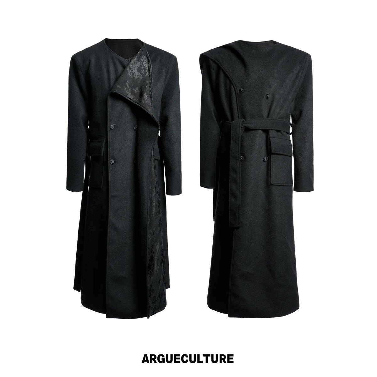 Jacquard Scarf-Collar Long Coat with Belted Waist - Black