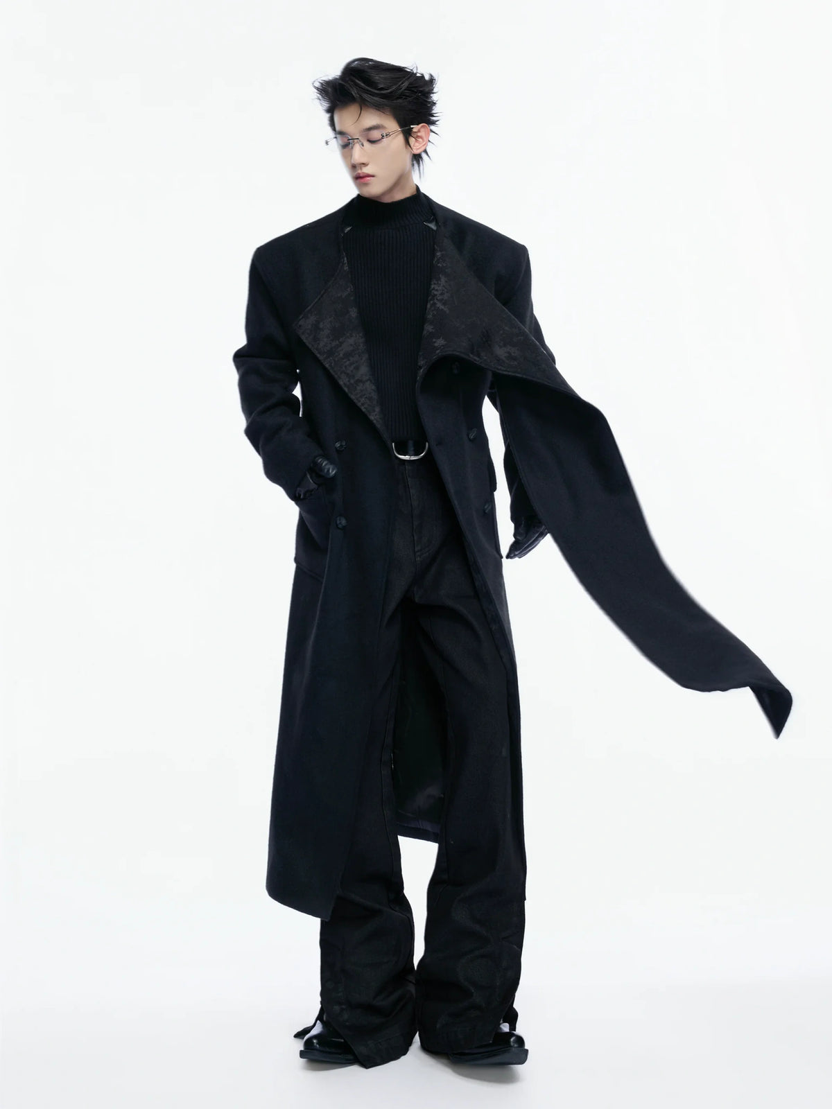 Jacquard Scarf-Collar Long Coat with Belted Waist - main image 2