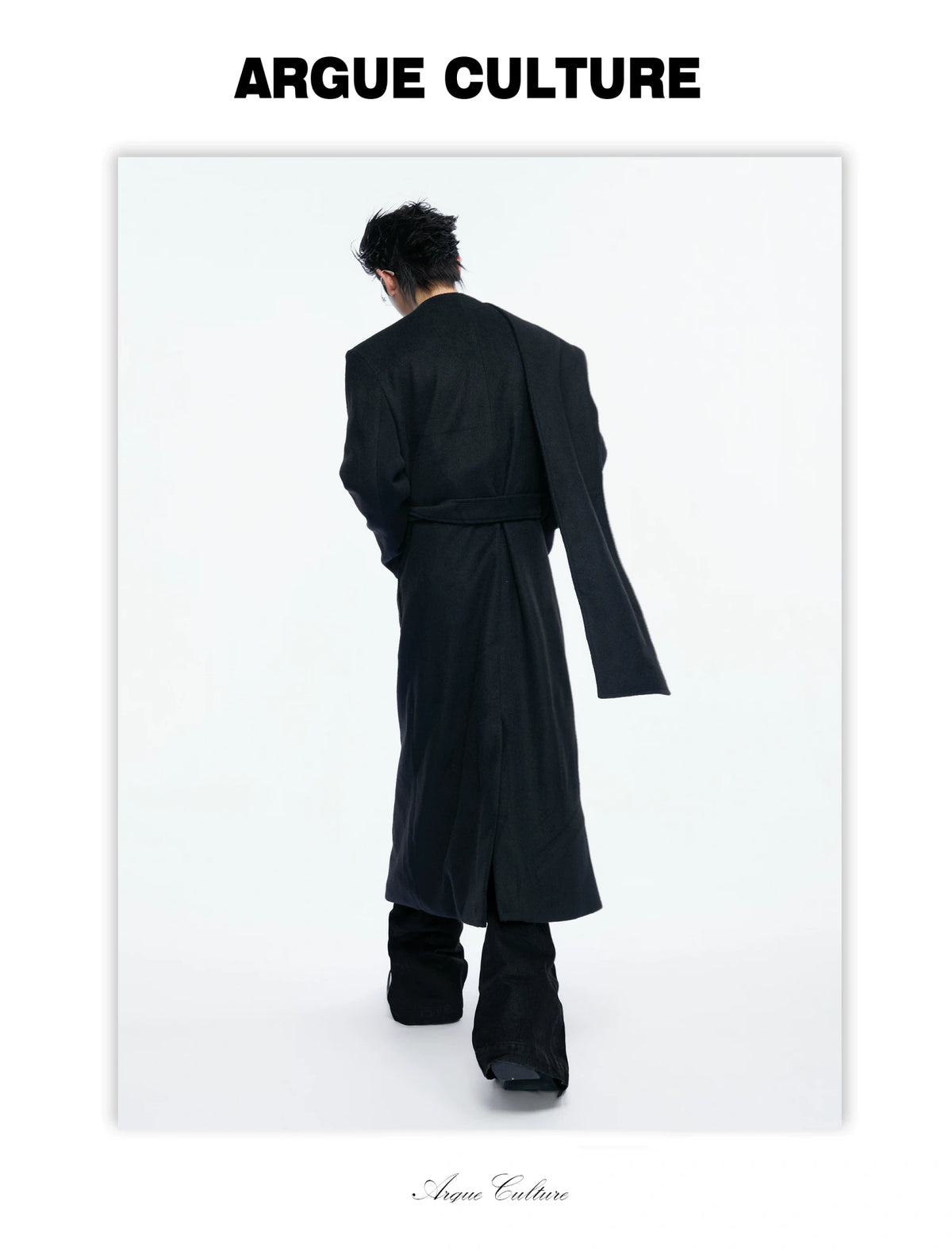 Jacquard Scarf-Collar Long Coat with Belted Waist - detail image 8