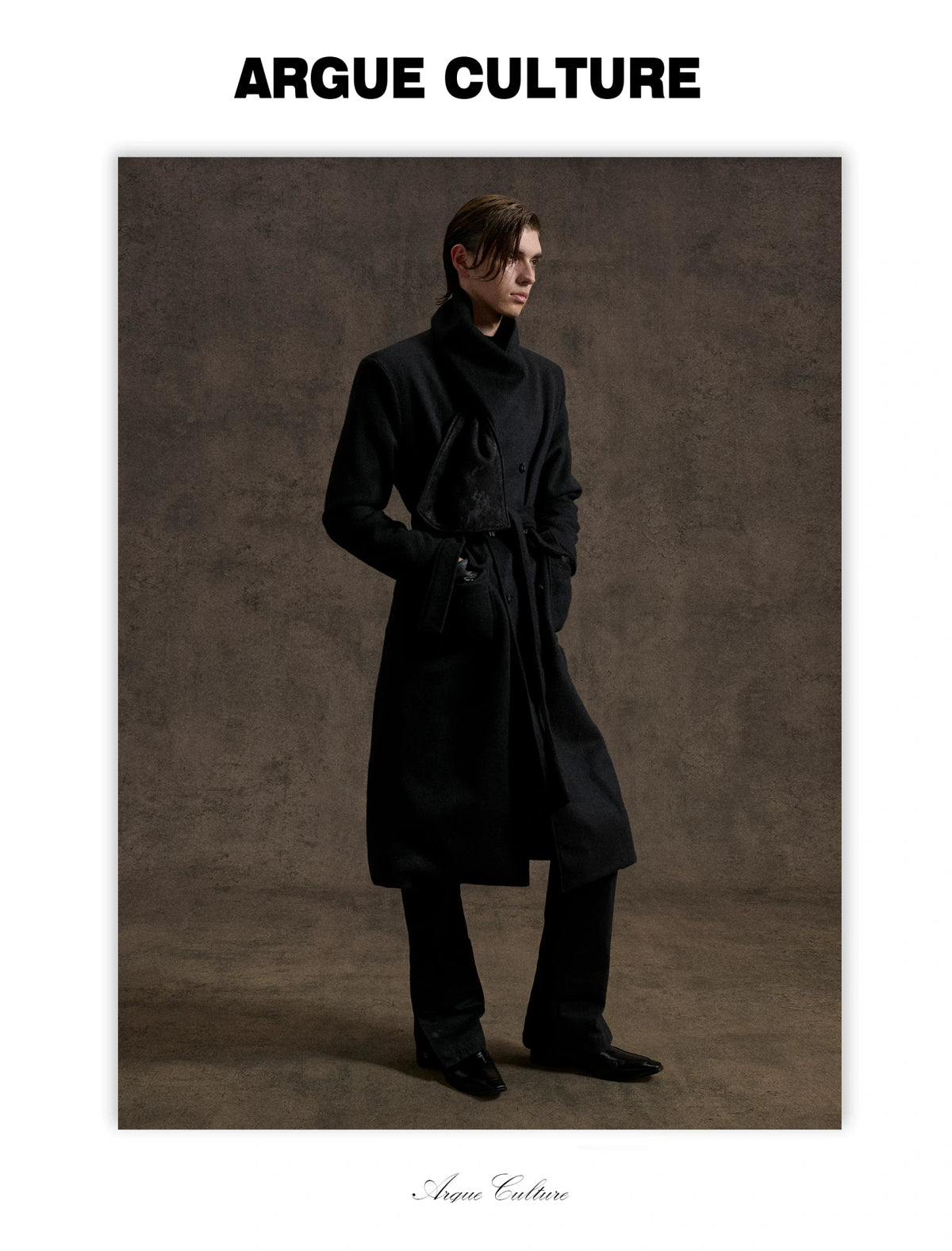Jacquard Scarf-Collar Long Coat with Belted Waist - detail image 5