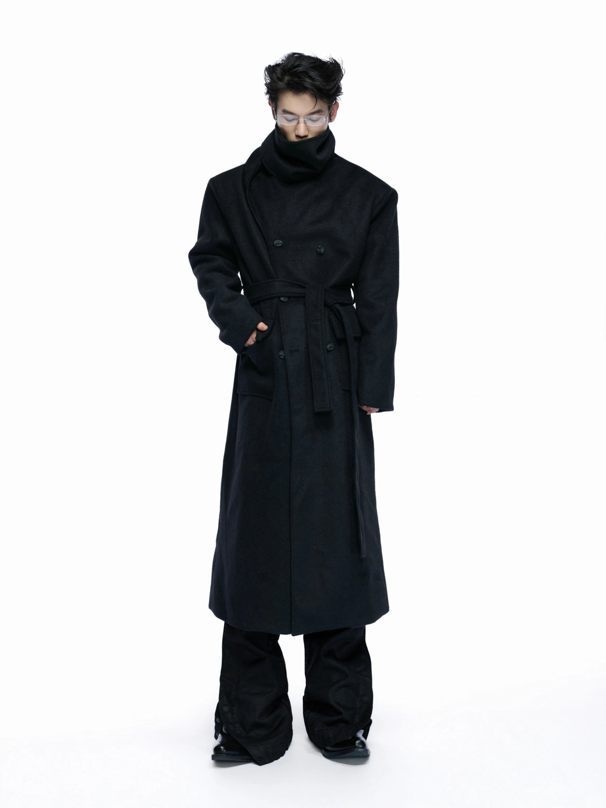 Jacquard Scarf-Collar Long Coat with Belted Waist - main image 4