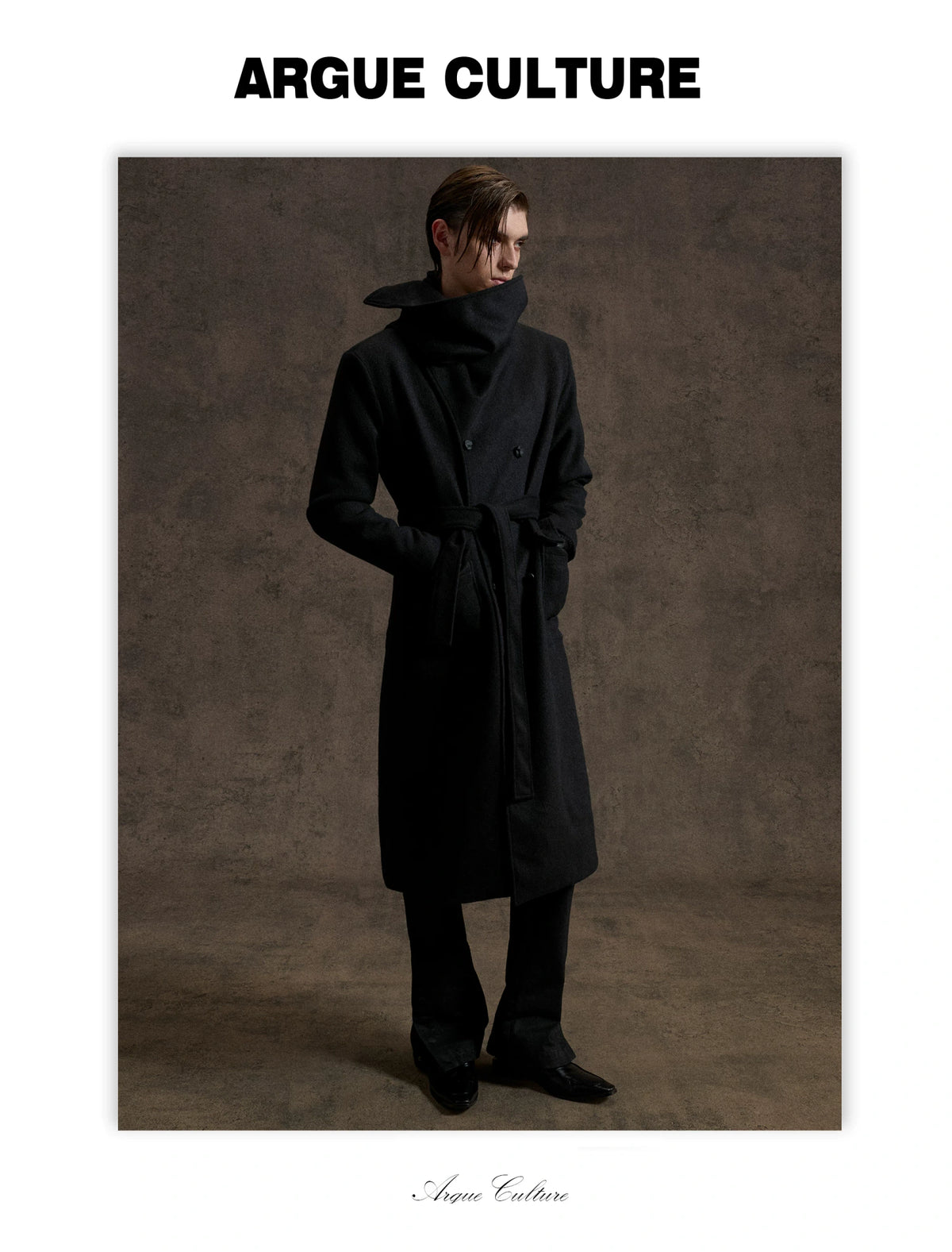 Jacquard Scarf-Collar Long Coat with Belted Waist - detail image 4