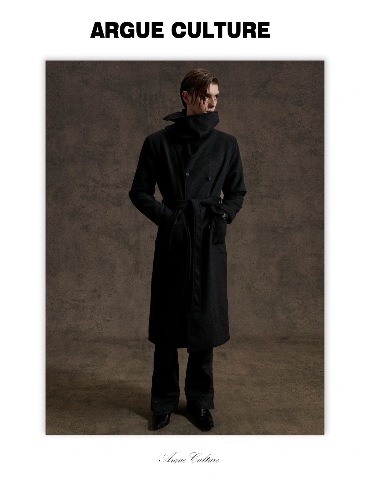 Jacquard Scarf-Collar Long Coat with Belted Waist - detail image 3