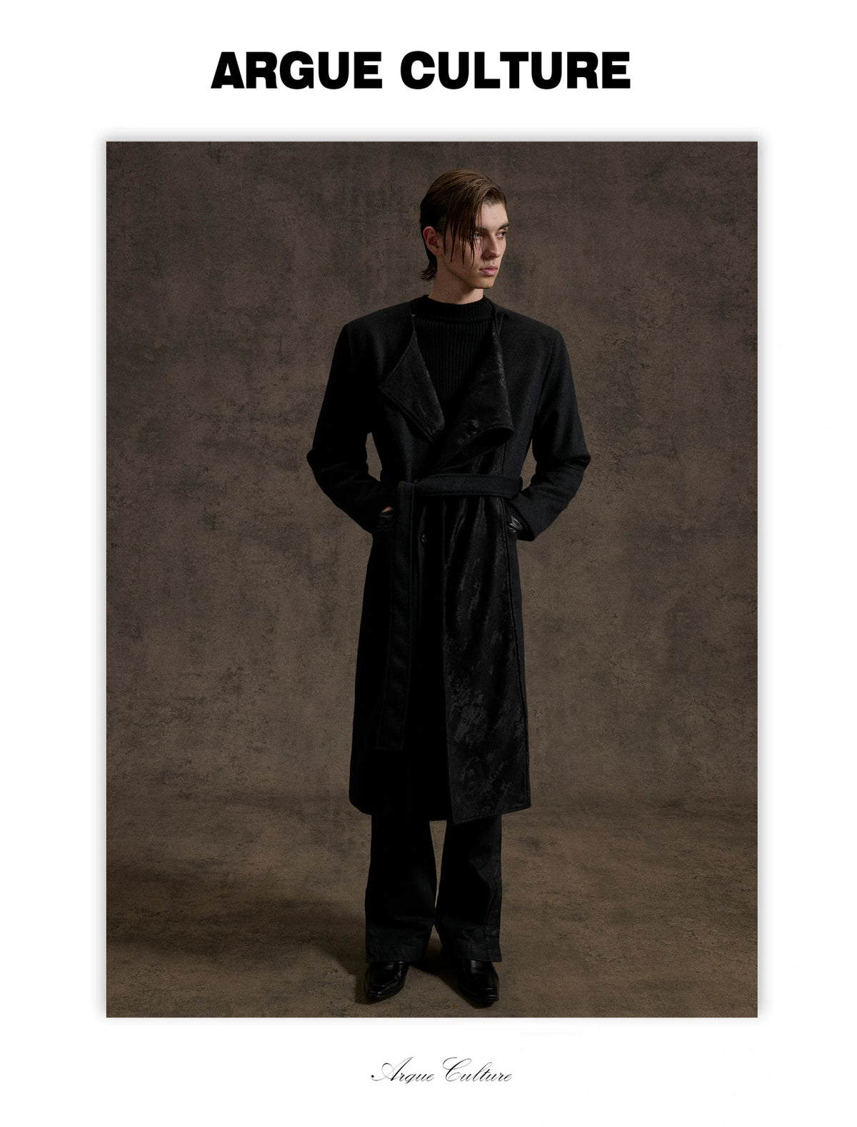 Jacquard Scarf-Collar Long Coat with Belted Waist - detail image 13