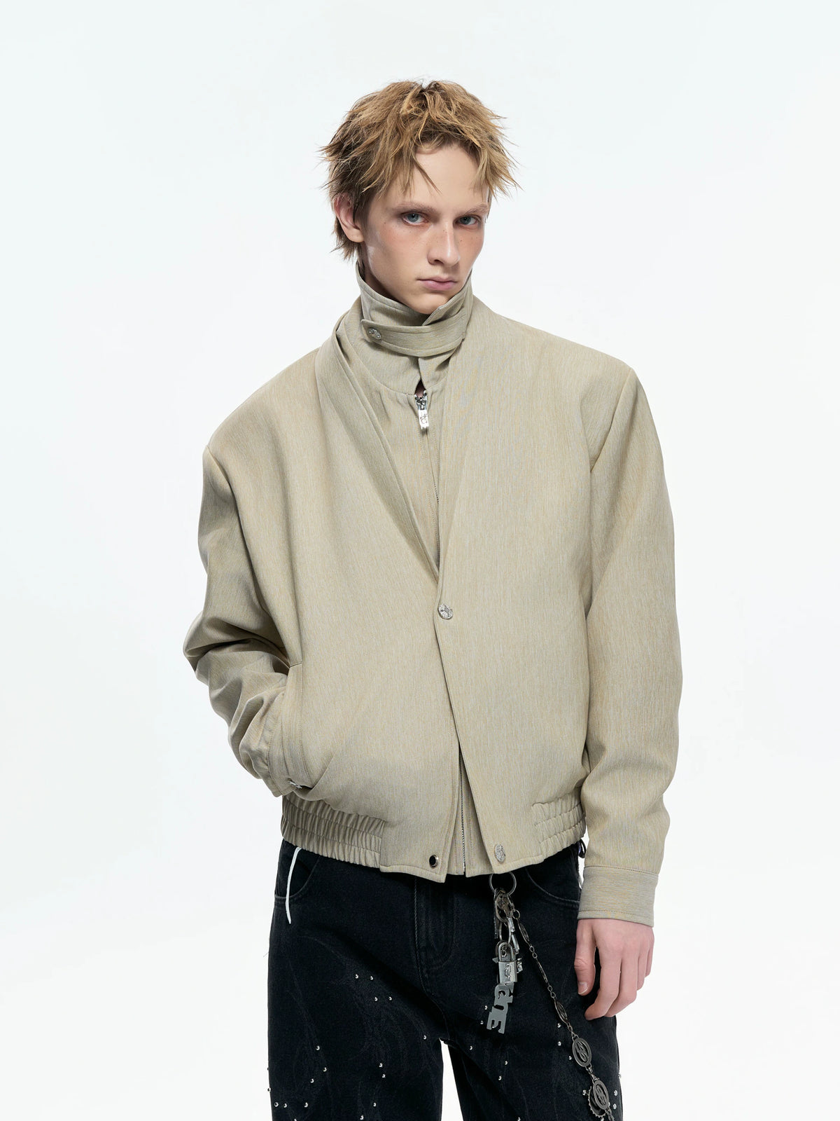Khaki Detachable Mock-Layer Cropped Jacket with High Neck - main image 3