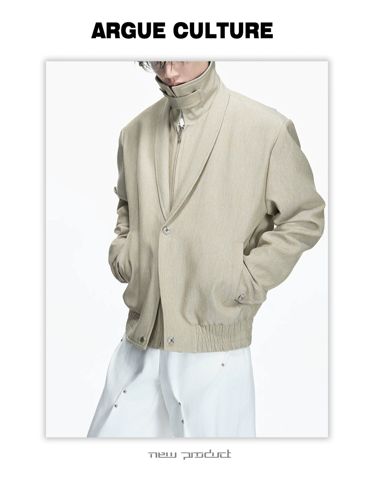 Khaki Detachable Mock-Layer Cropped Jacket with High Neck - detail image 4