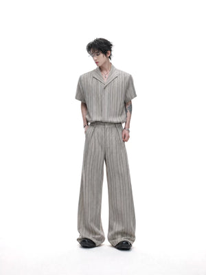 Khaki Striped Cuban Collar Shirt and Wide-Leg Pants Set - main image 2