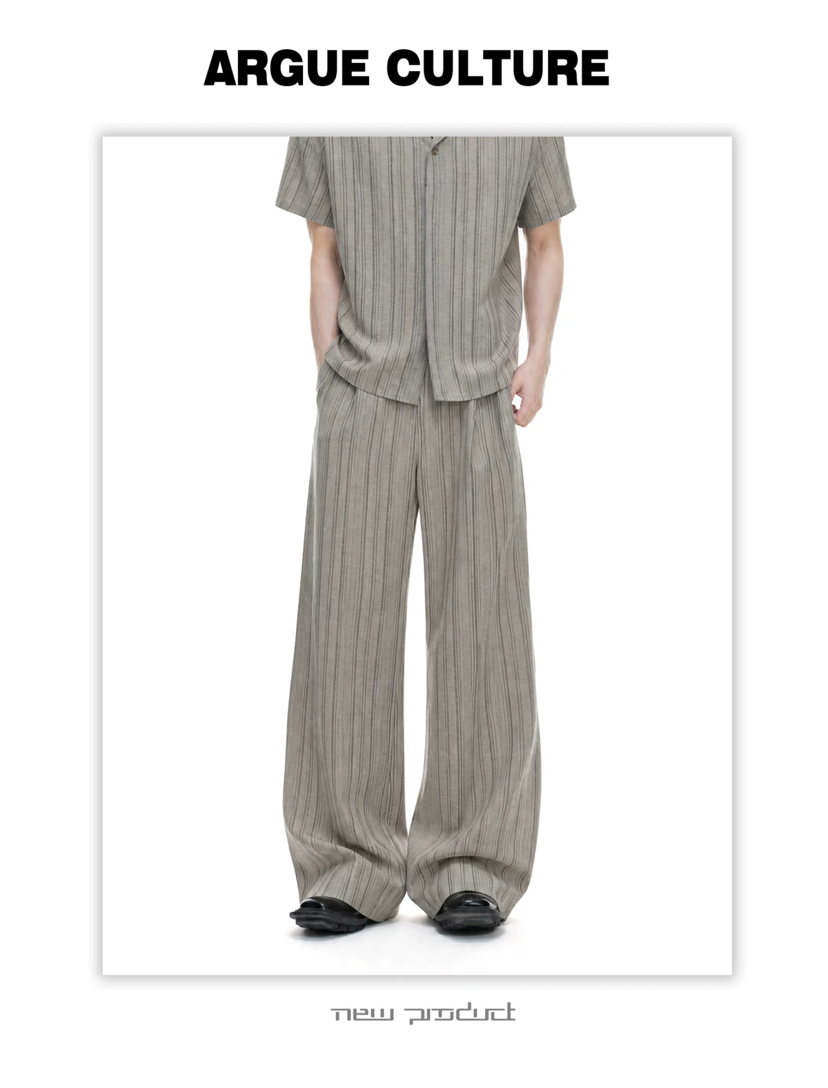Khaki Striped Cuban Collar Shirt and Wide-Leg Pants Set - detail image 5