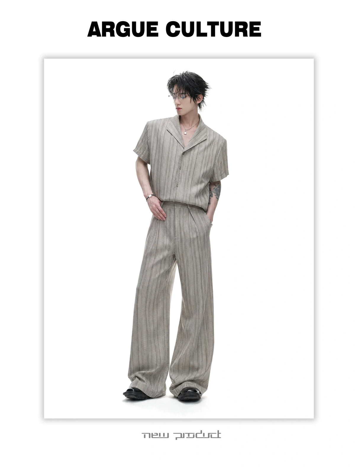 Khaki Striped Cuban Collar Shirt and Wide-Leg Pants Set - detail image 3