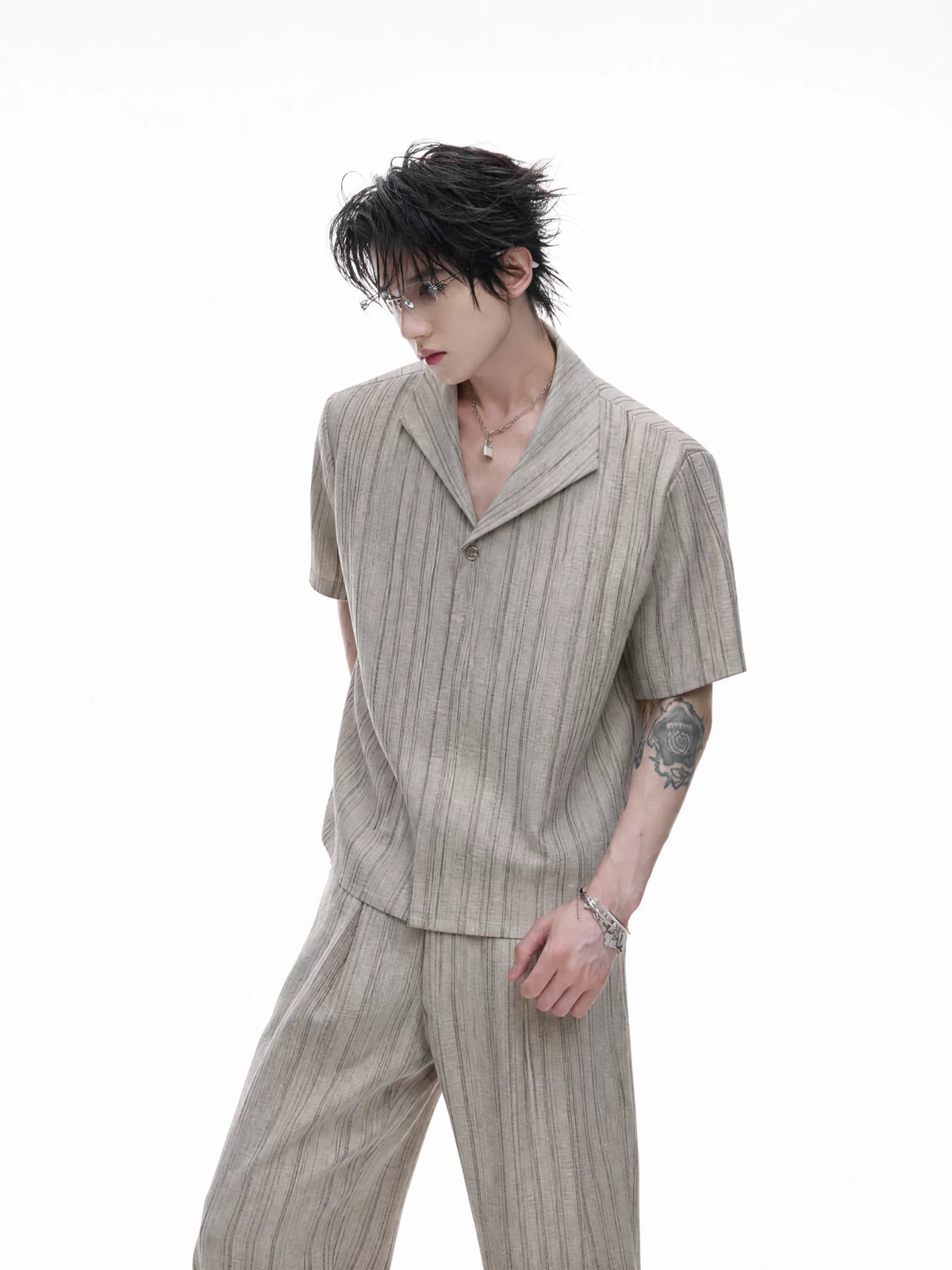 Khaki Striped Cuban Collar Shirt and Wide-Leg Pants Set - main image 5