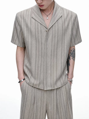 Khaki Striped Cuban Collar Shirt and Wide-Leg Pants Set - main image 3