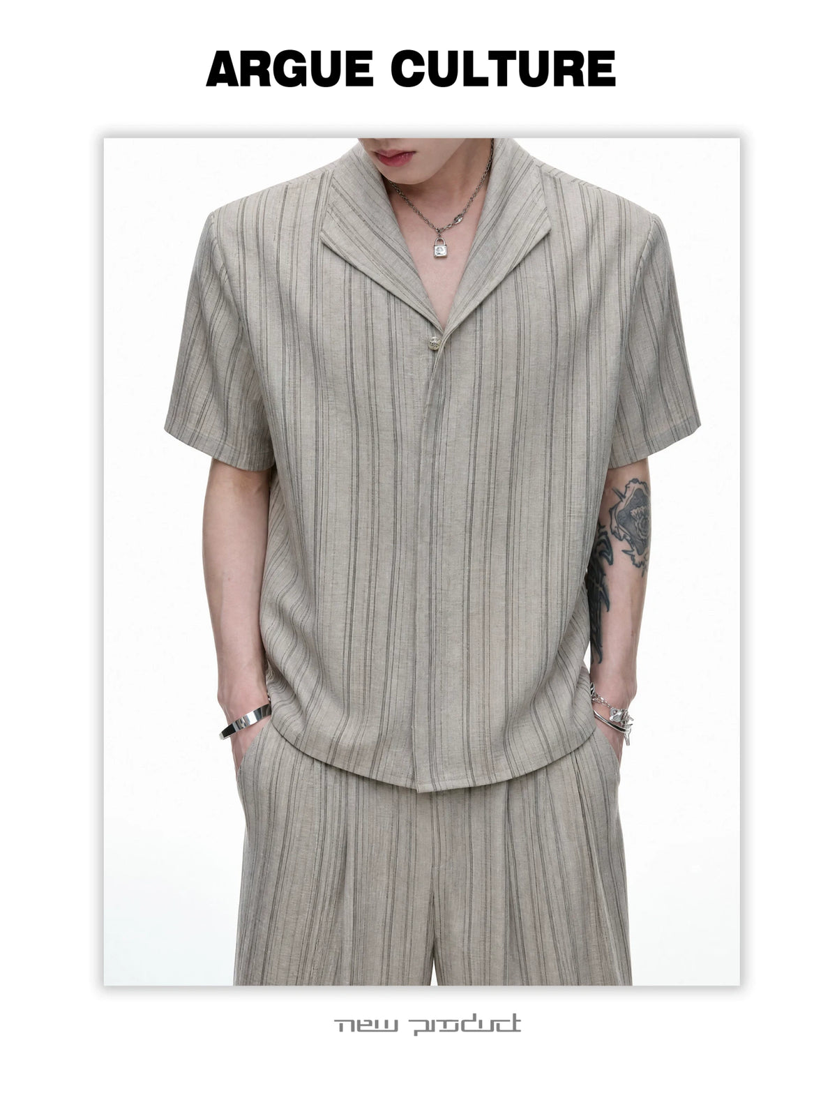 Khaki Striped Cuban Collar Shirt and Wide-Leg Pants Set - detail image 4