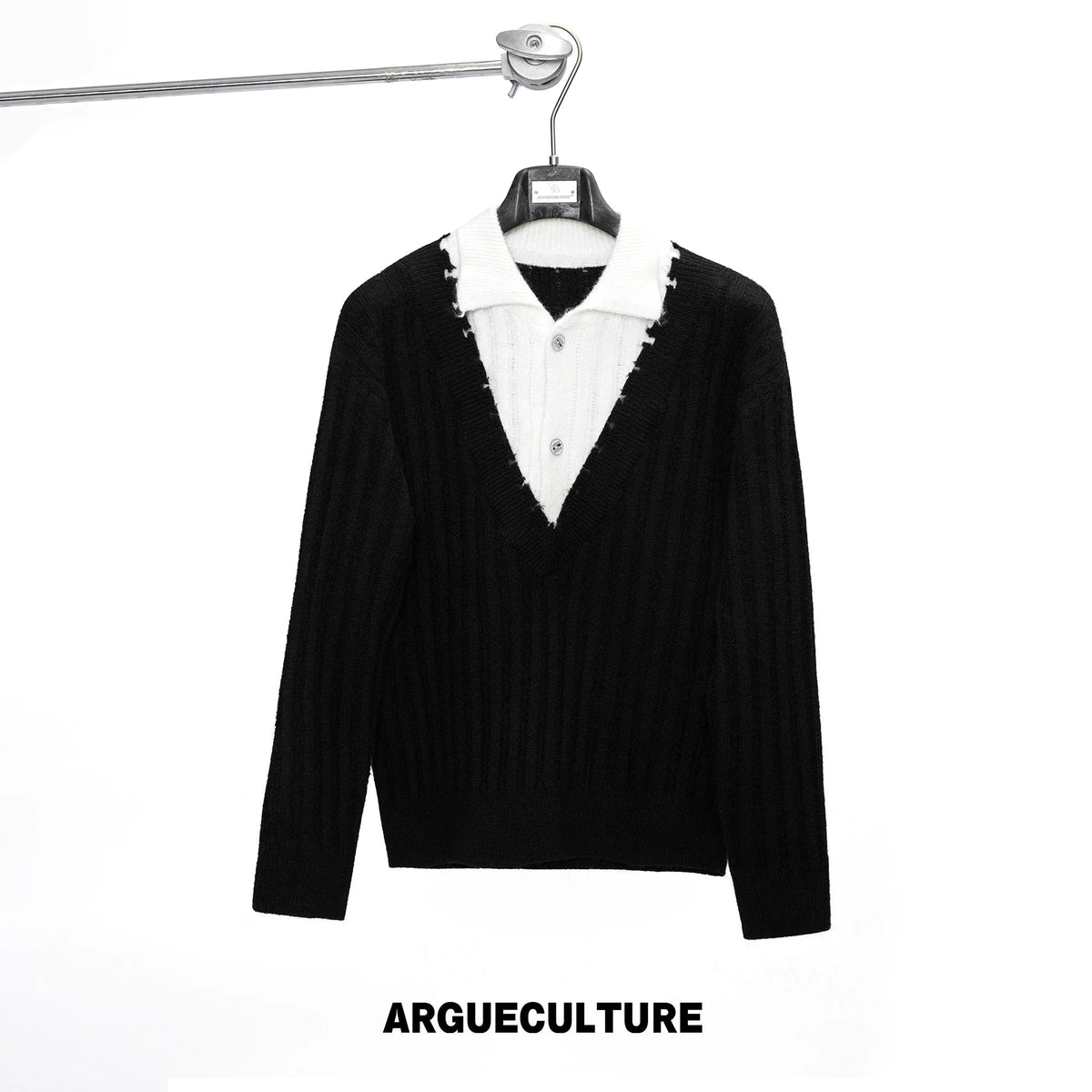 Layered Double-Collar Rib Knit Sweater | Black & Gray - Black