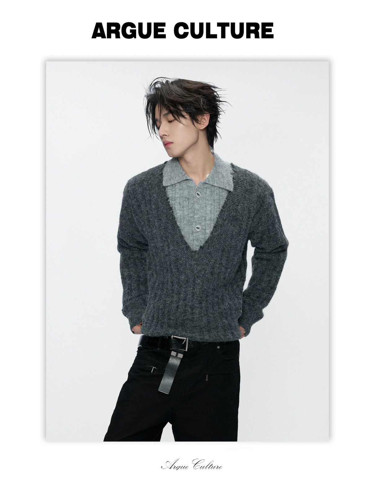 Layered Double-Collar Rib Knit Sweater | Black & Gray - detail image 3