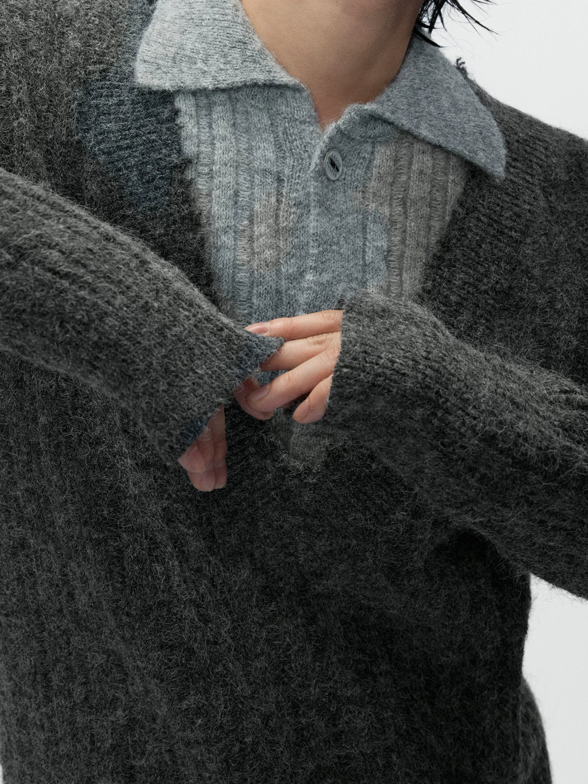 Layered Double-Collar Rib Knit Sweater | Black & Gray - main image 3