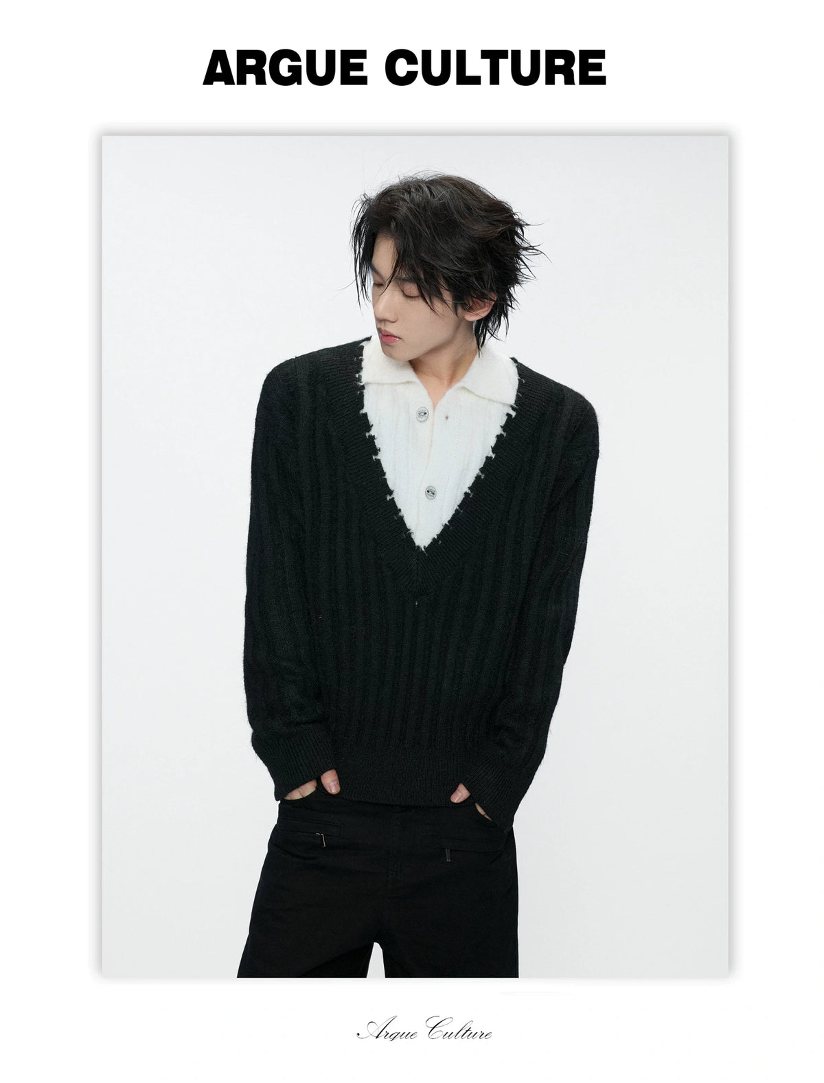 Layered Double-Collar Rib Knit Sweater | Black & Gray - detail image 7