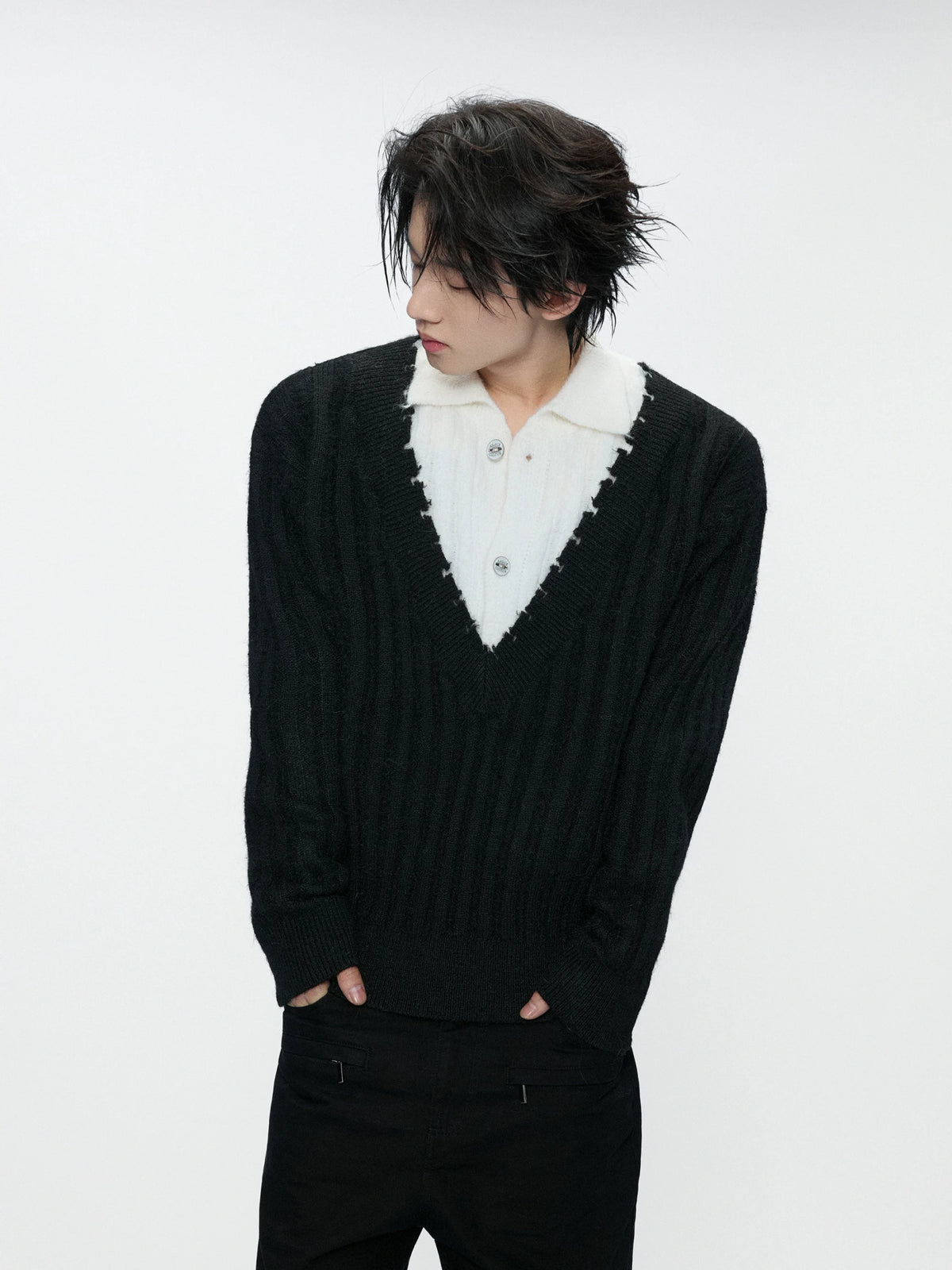 Layered Double-Collar Rib Knit Sweater | Black & Gray - main image 5