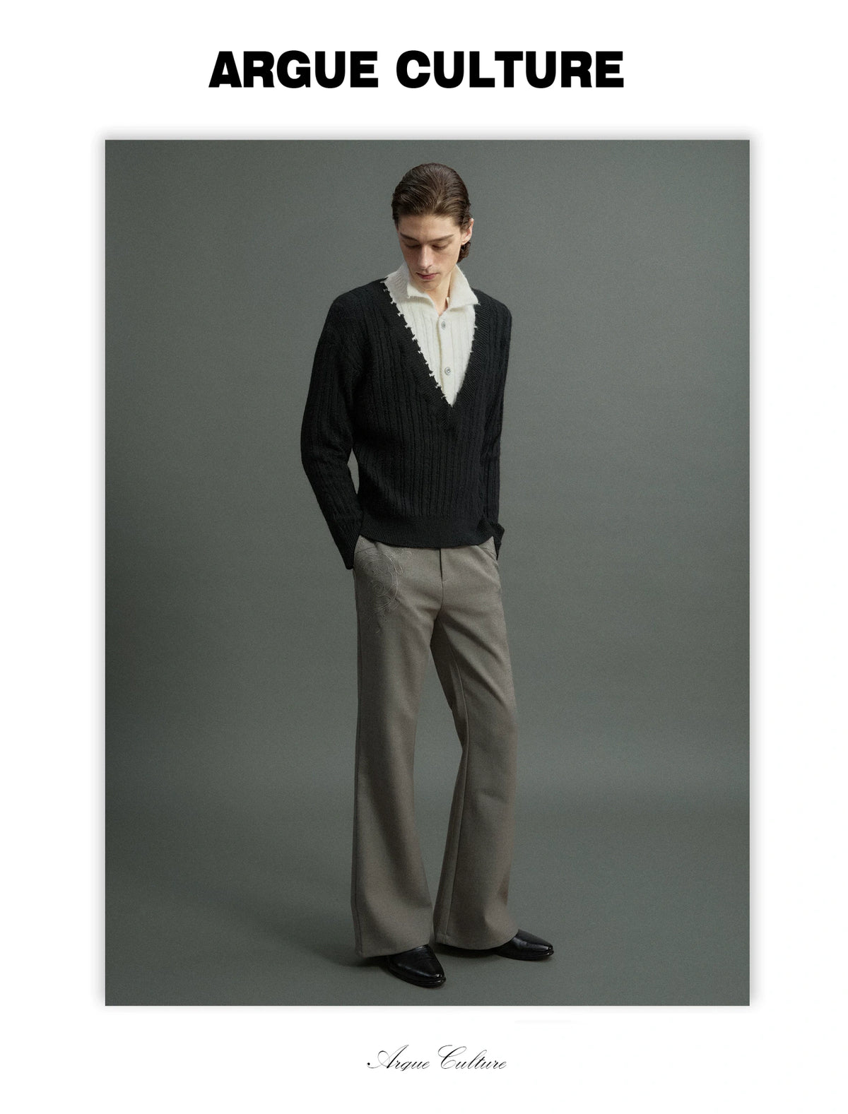 Layered Double-Collar Rib Knit Sweater | Black & Gray - detail image 2