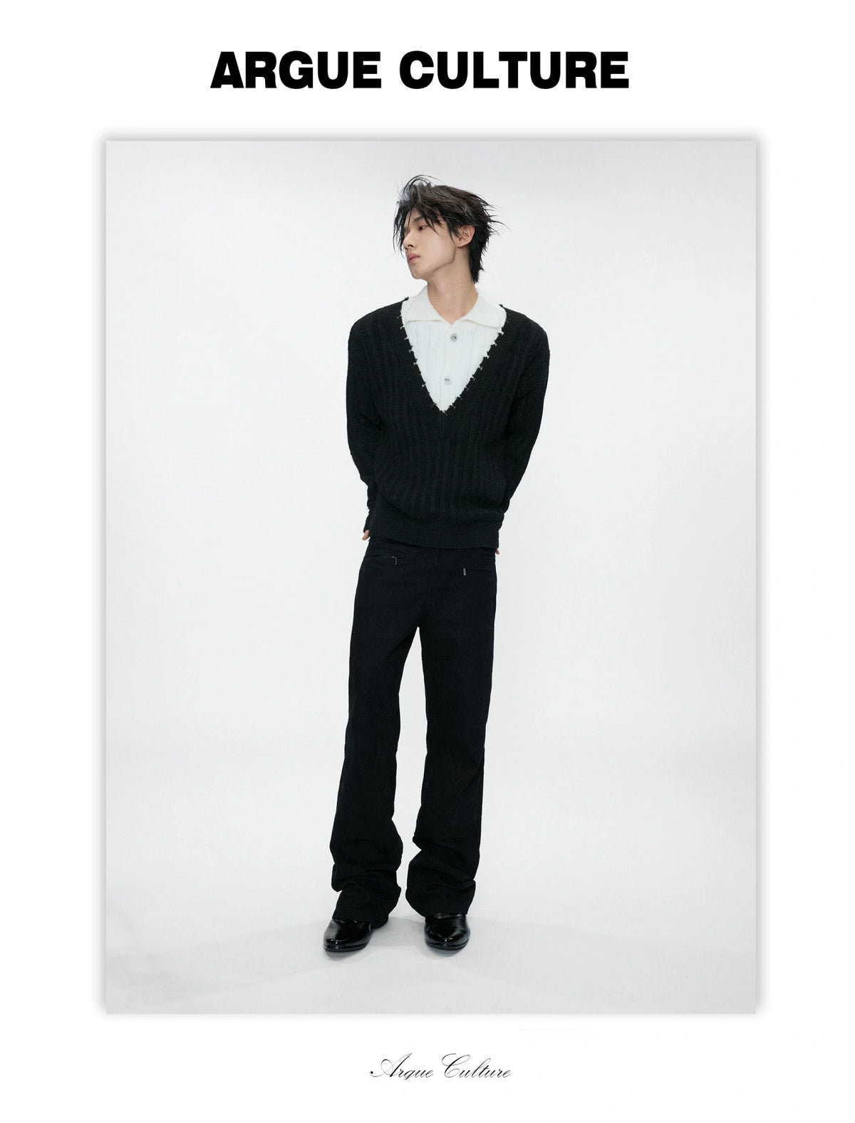 Layered Double-Collar Rib Knit Sweater | Black & Gray - detail image 8