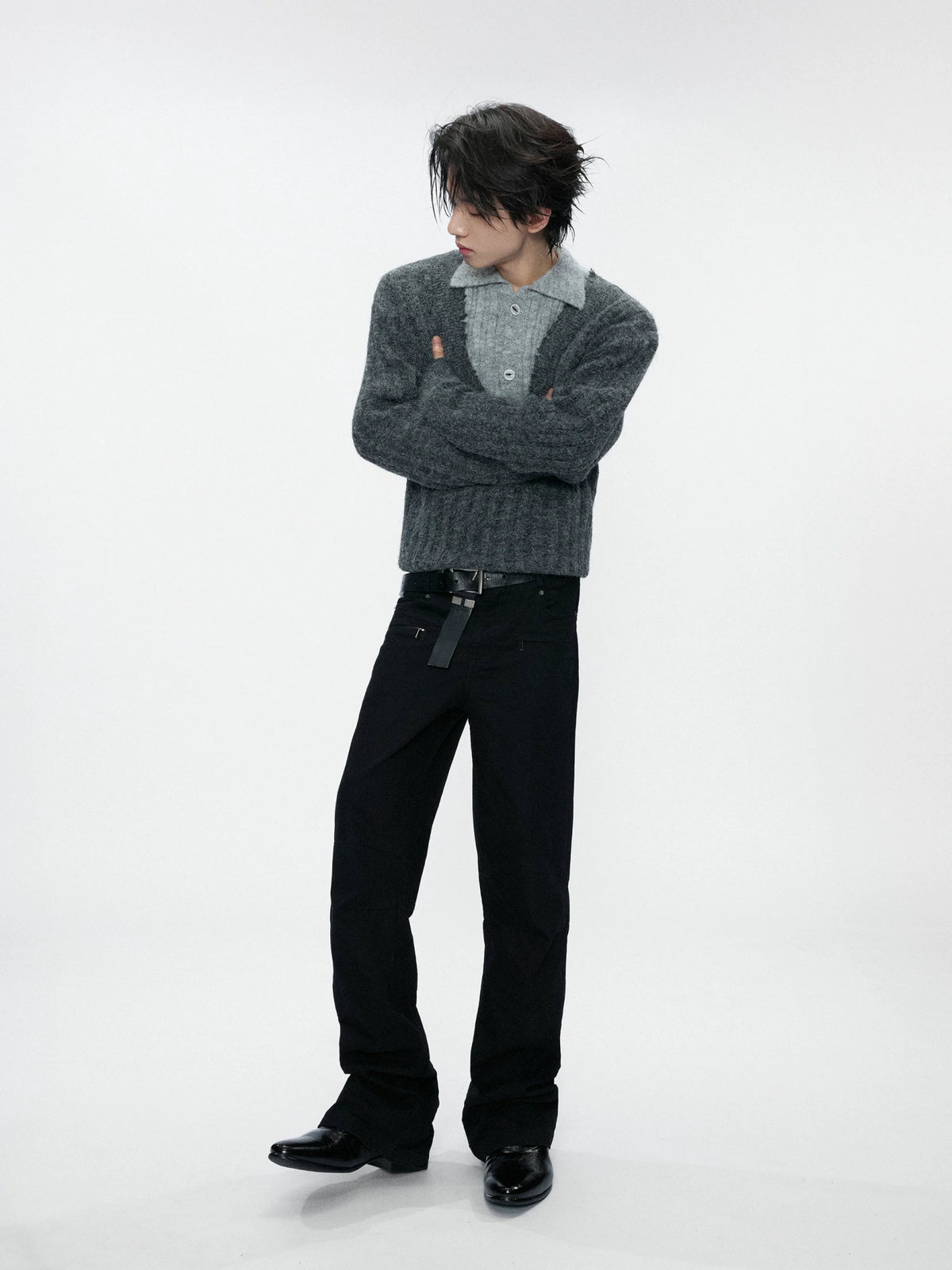 Layered Double-Collar Rib Knit Sweater | Black & Gray - main image 4