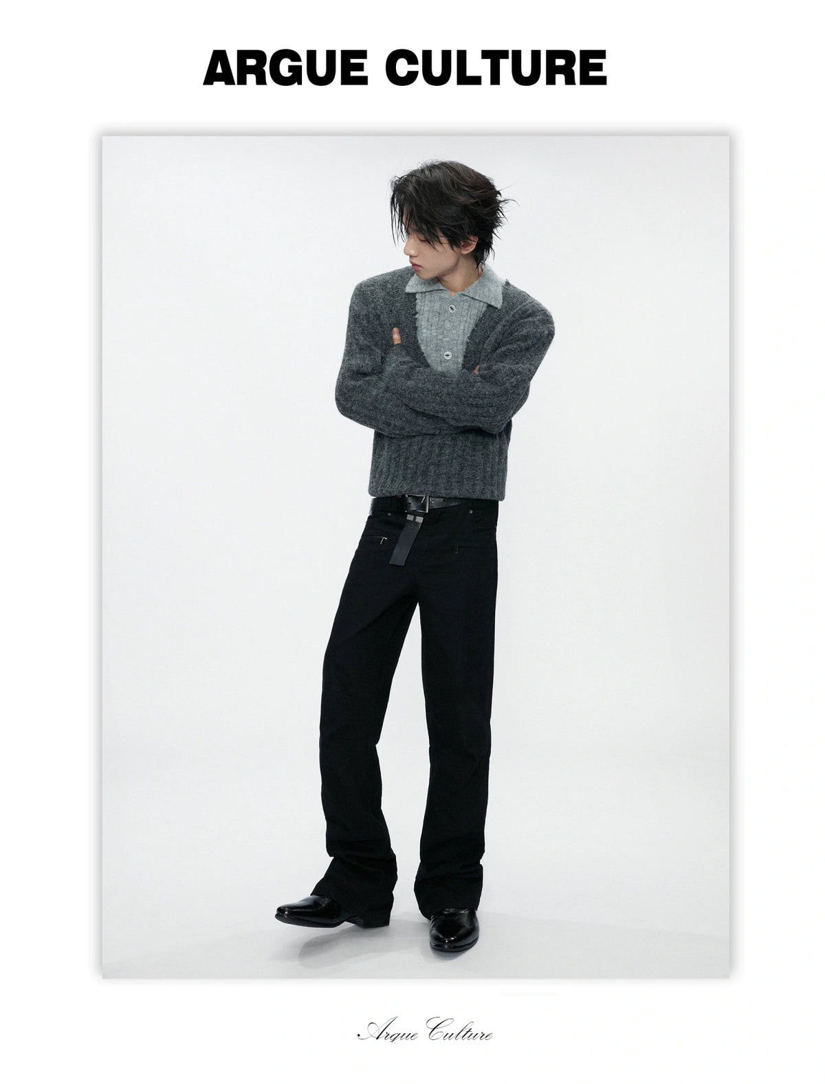 Layered Double-Collar Rib Knit Sweater | Black & Gray - detail image 4