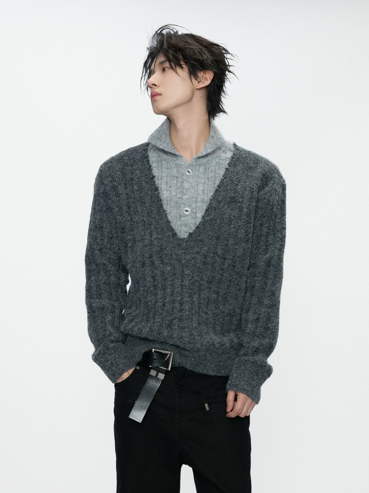 Layered Double-Collar Rib Knit Sweater | Black & Gray - main image 1