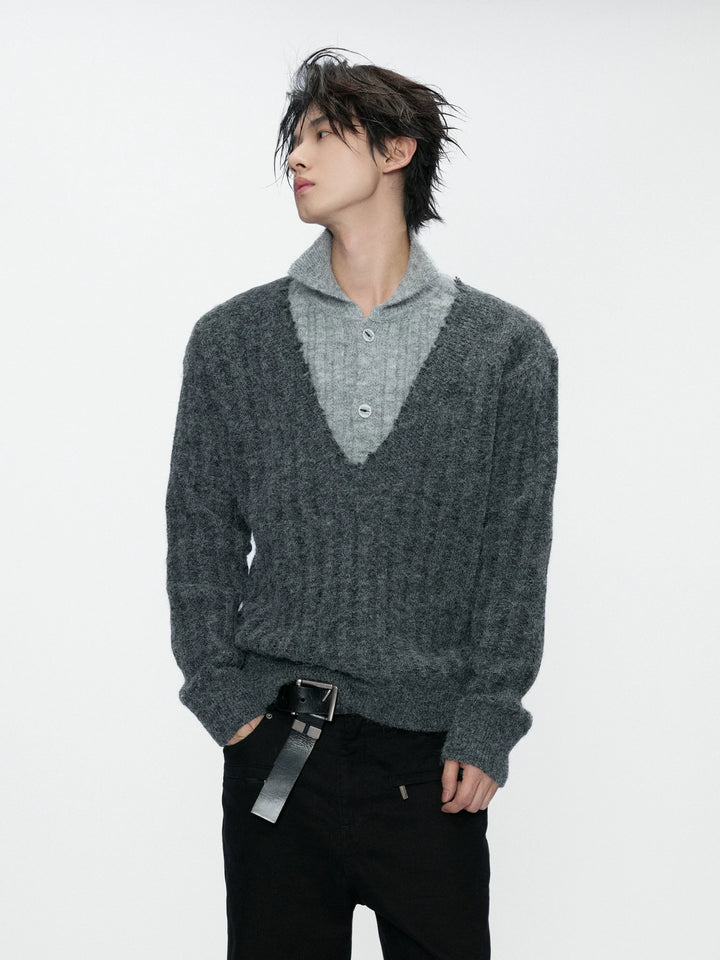 Layered Double-Collar Rib Knit Sweater | Black & Gray - main image 1