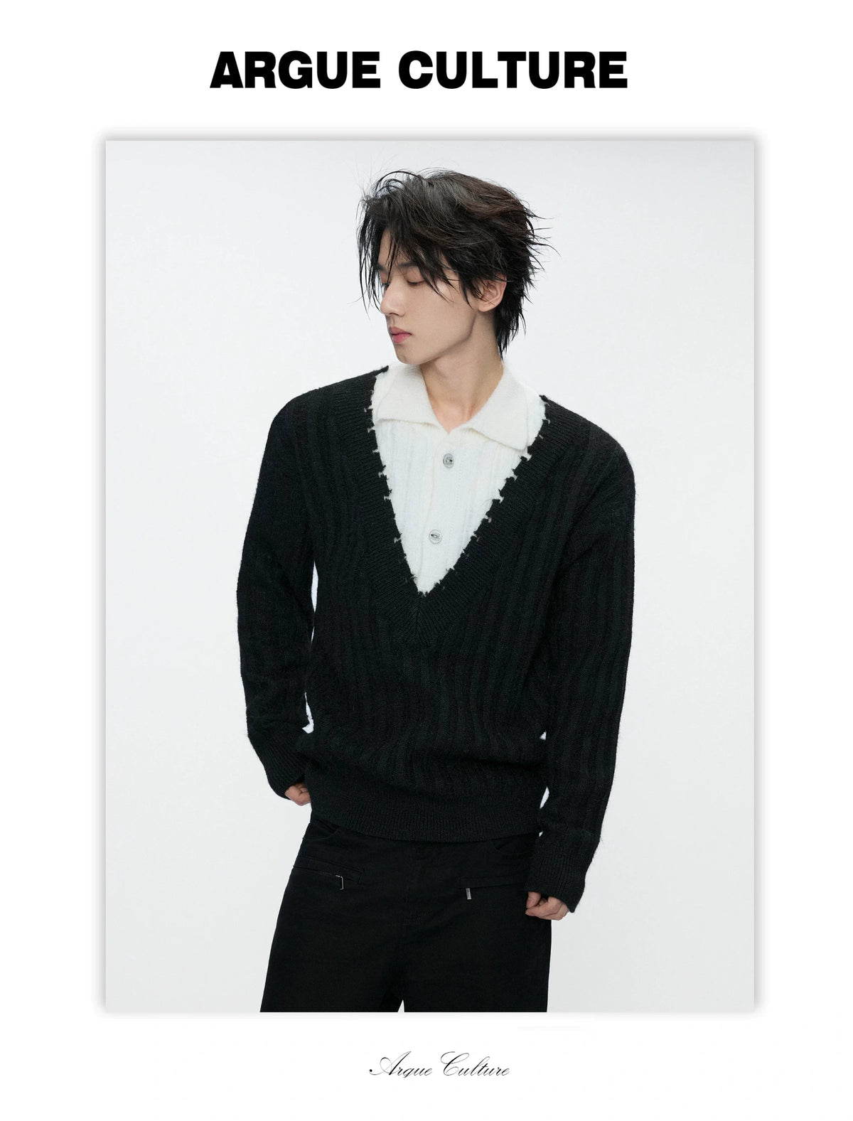 Layered Double-Collar Rib Knit Sweater | Black & Gray - detail image 6