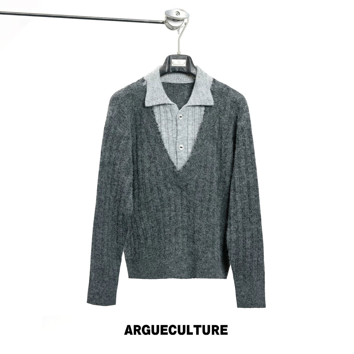 Layered Double-Collar Rib Knit Sweater | Black & Gray - Gray
