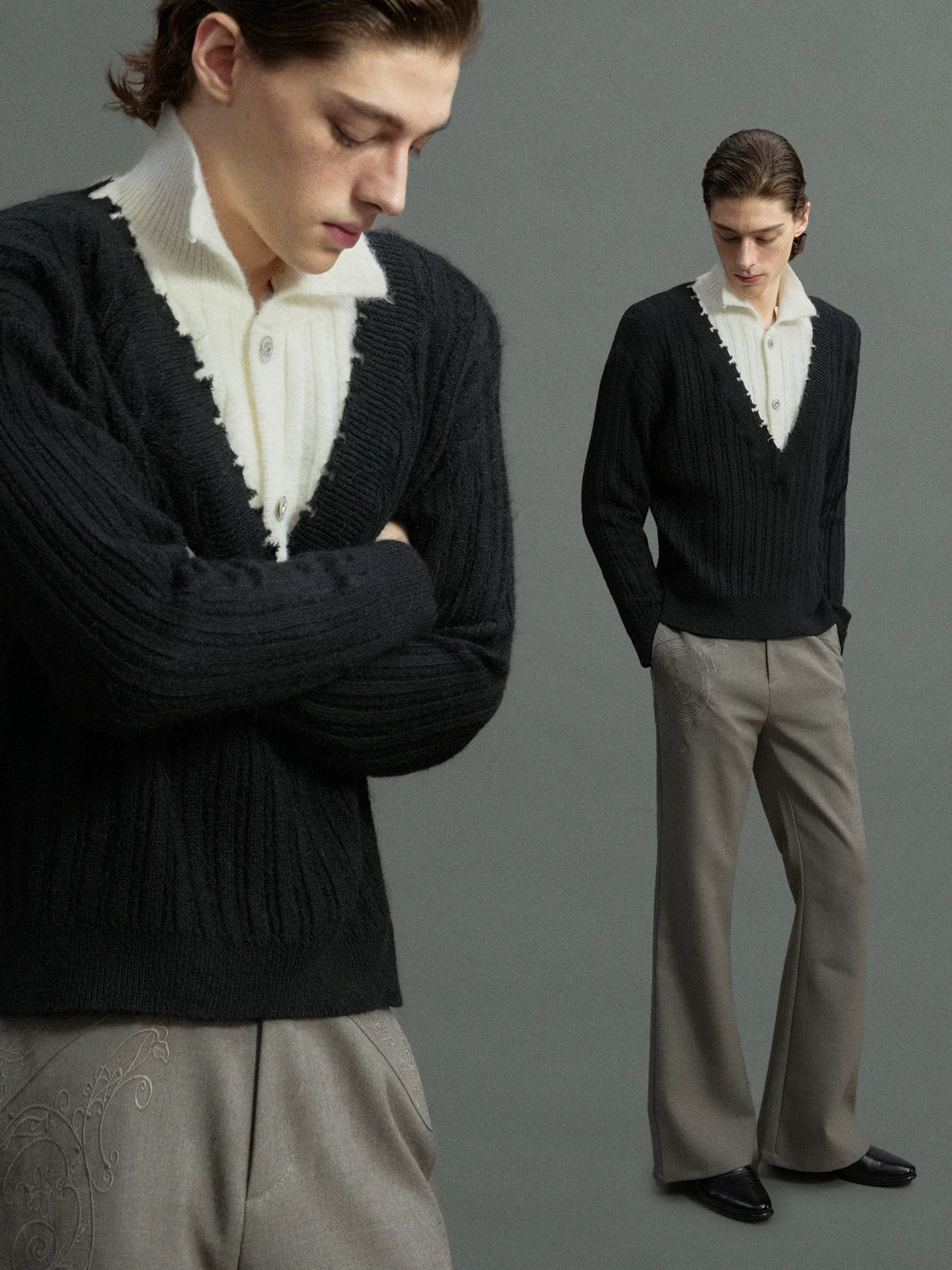 Layered Double-Collar Rib Knit Sweater | Black & Gray - main image 2