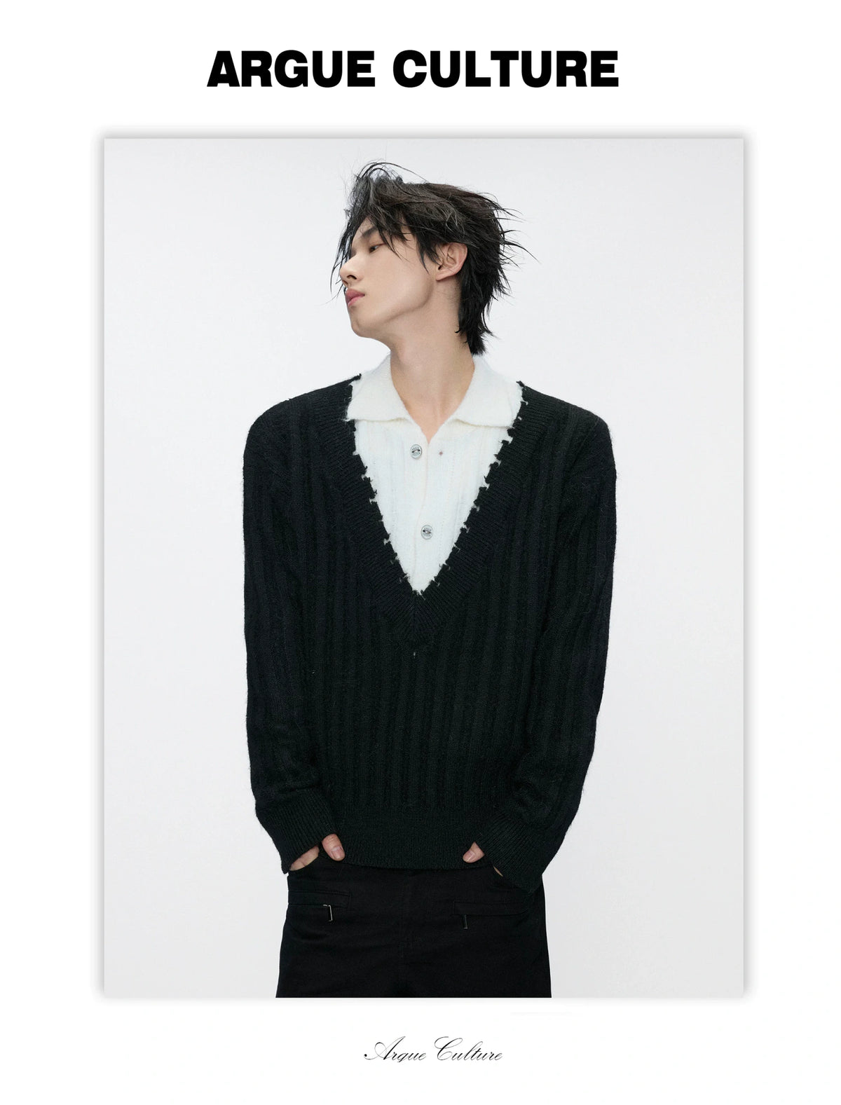 Layered Double-Collar Rib Knit Sweater | Black & Gray - detail image 5