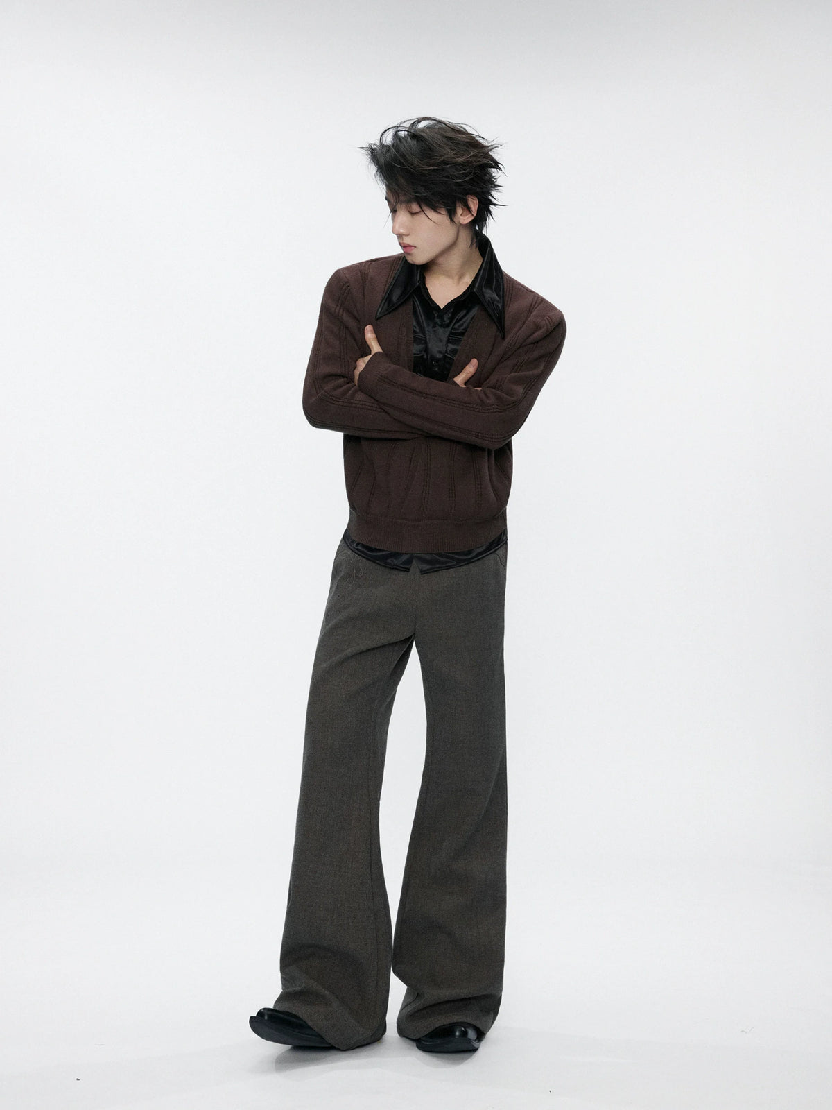 Layered Satin Collar Knit Sweater in Black & Brown - main image 3
