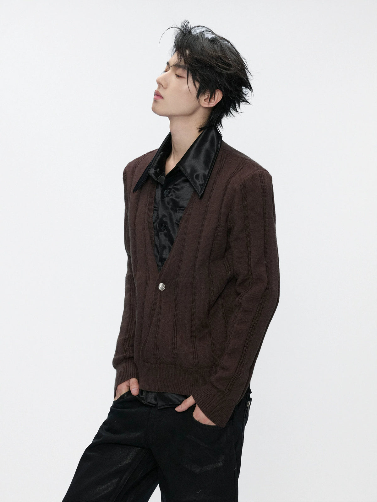Layered Satin Collar Knit Sweater in Black & Brown - main image 2