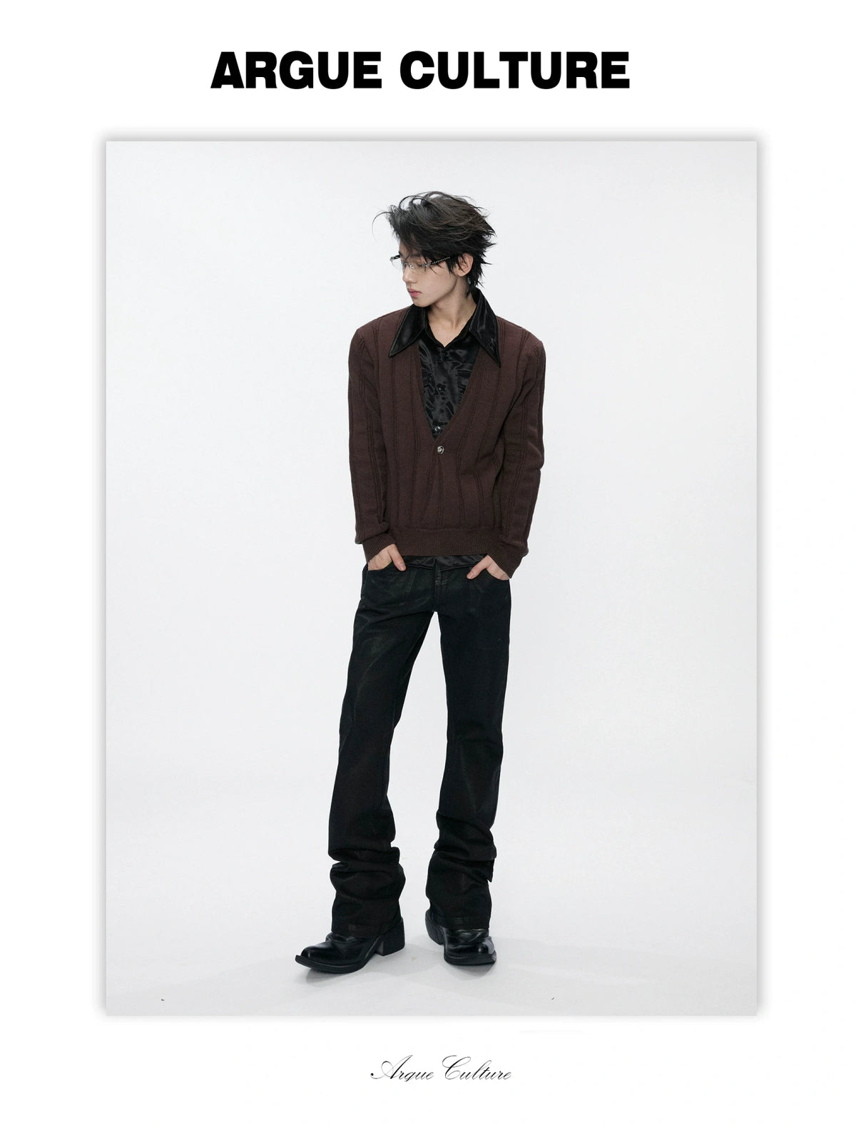 Layered Satin Collar Knit Sweater in Black & Brown - detail image 10